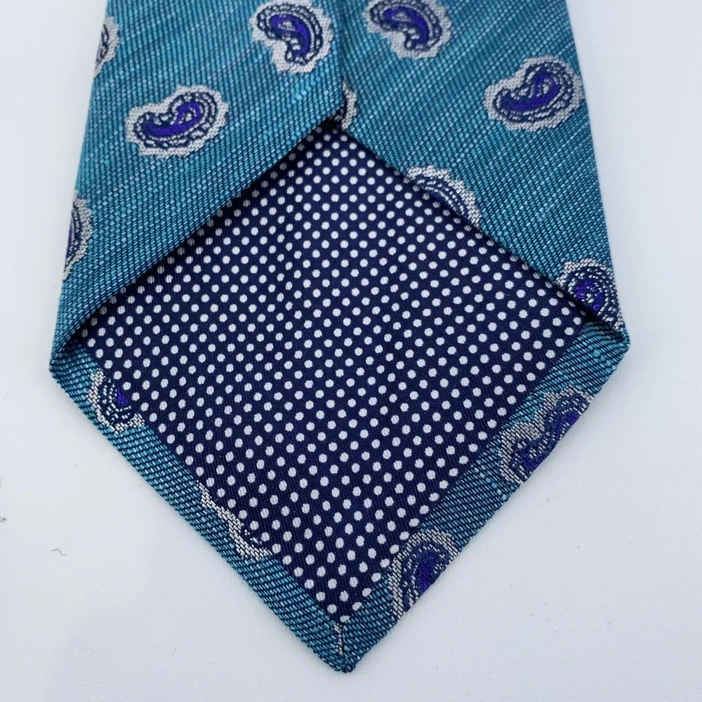 Eton Tie Mens One Size Teal Blue‎ Paisley Silk Linen Necktie Made Italy